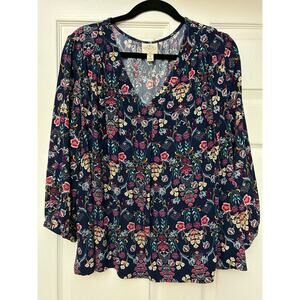 St. John's Bay Women's 2X Navy Floral V-Neck Blouse Long Sleeve Peasant Top